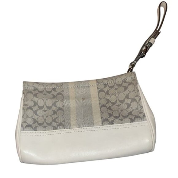 Coach Signature Stripe Tan/Brown Zip Top Wristlet Wallet with adjustable Handle - Picture 2 of 5